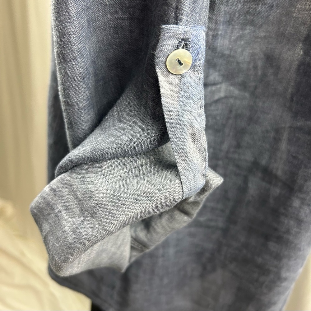 Made In Italy Blue Linen Button Down Blouse with Roll-tab Sleeves M - Picture 8 of 11
